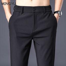 Men's Pants Mingyu Brand Summer Stretch Pants Men Elastic Waist Business Fashion Straight Classic Solid Colour Thin Black Casual Trouser Male 230420