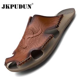 Sandals Summer Genuine Leather Mens Classic Breathable SlipOn Men Casual Beach Shoes Outdoor Slippers Plus Size 3848 230419