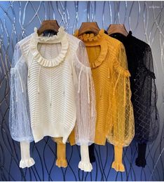 Women's Sweaters High Quality Brand 2023 Autumn Winter Pullovers Ladies Ruffle Collar Sexy Tulle Mesh Knitted White Yellow Jumpers