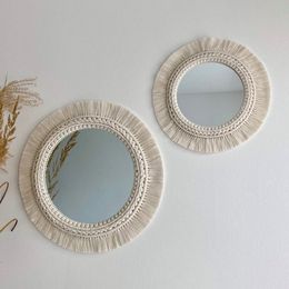 Mirrors Hanging Wall Decorative Mirror With Macrame Fringe Round Boho Home Decor for Apartment Living Room Bedroom Baby Nursery Decor 230420