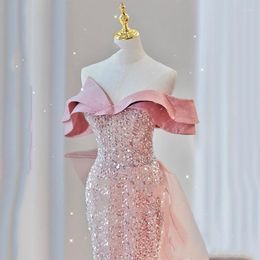 Runway Dresses Pink Celebrity Dress Mermaid Boat Neck Off Shoulder Sequined Shiny Detachable Train Wedding Party Sexy Prom Gowns Custom