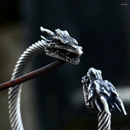 Bangle Fashion Vintage Viking Double Dragon Heads Bracelet Punk Stainless Steel Animal Open For Men Amulet Jewelry Wholesale