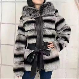 Women's Fur Faux 2023 lady Beaver rabbit fur coat chinchilla striped clothes wearing hat warm fashion jacket 231120