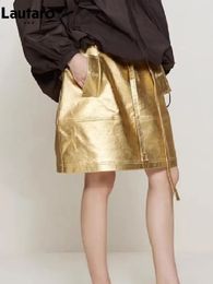 Skirts Lautaro Summer Autumn Gold Shiny Faux Leather Skirt Women with Sashes A Line Korean Style Clothes Streetwear Runway Fashion 231118