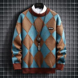 Men's Sweaters Plaid Contrast Color Sweater Oversized Loose Fashion Knitted Jumper Couple Vintage Casual Long Sleeve Pullover Tops 3XL-M