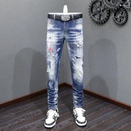 Men's Jeans Ly Fashion Designer Men High Quality Retro Blue Stretch Skinny Fit Painted Ripped Patched Hip Hop Brand Pants