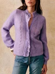 Women's Knits Women Hollow Out Single Breasted Sweater Autumn 2023 Long Sleeve Casual O-Neck Sweet Purple Or Pink Cardigan Tops For Ladies