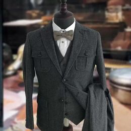 Men's Suits & Blazers Herringbone Wool Blend Notched Lapel Blazer Dress Jacket Retro Suit Groom Wedding Vest Pants SetMen's