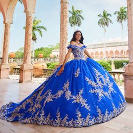 Blue Shiny Quinceanera Dresses Ball Gown Gold Appliques Lace Beads Corset Princess Dress vestidos de 15 quinceanera