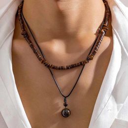 Pendant Necklaces Salircon Vintage Ethnic Geometric Gravel Chain Clavicle Necklace Boho Coconut Shell Wood Bead Men's Neck Jewellery