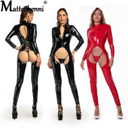 Erotic Sexy Crotchless Latex Bodysuit Double Zipper Jumpsuit For Hot Women Breast Exposing Open Crotch Leather Catsuit Lingerie