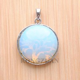 Pendant Necklaces Natural White Opal Stone Ancient Silver-color Hollow Tree Of Life Round Flat Beads Women Men Jewellery TN3576