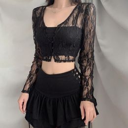 Women's T-Shirt Black Lace Women Sexy Lace Sheer Crop Tops Long Sleeve V-neck Vintage Button Slim Fit T-shirt Clubwear 230419