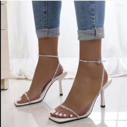 Dress Shoes Summer Sexy One Line Rhinestone With Fashionable And Versatile Square Toe Slim High Heels Sandals