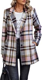 winter jacket women Plaid Pullover Casual Buttoned Wool Blend Winter Plaid Pocket Trench Coat 13XVTO