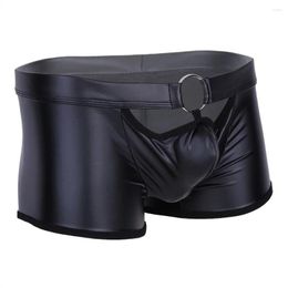 Underpants Faux Leather Shorts Man Boxer Sexy Men Underwear Briefs Slip Seamless Penis Pouch Male Panties Soft Fashion Ring Black Underpant