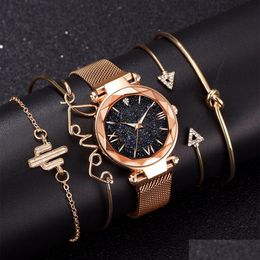 Wristwatches Luxury Brand Rose Gold Starry Sky Dial Watches Women Ladies Crystal Bracelet Quartz Wrist Watch 5 Pcs Set Relo Dhgarden Ot29I