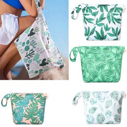 DHL100pcs Cell Phone Pouches Polyester Leaf Cactus Printing Multifunctional Double Layer Waterproof Protable Solid Wash Bags With Wrist