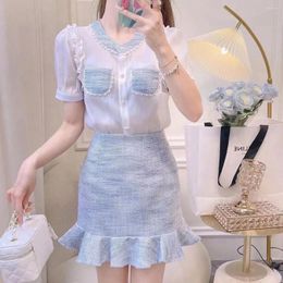 Work Dresses Summer Women's Puff Sleeve Single Breasted Short Shirt Simple Fashion Fishtail Skirt Suiwo Pieces Sets Ladies