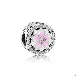 Real Sterling Silver Pink Magnolia Flower Charm for Pandora Snake Chain Bracelet Making Accessories Womens Bangle Jewelry DIY Charms with Original Box Set