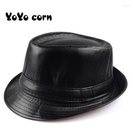 Berets Solid Colour Leather Man's Hat Wide Brim Stetson Fedoras British Hats For Men/Women Gentman Black Fitted Jazz Hip- Gorras Cap