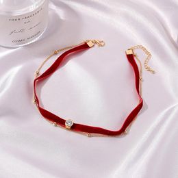 Choker Cute Strawberry Red Velvet Retro Style Charm Double Layer Gold Color Chain Short Crystal Necklace For Women Jewelry Gift