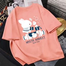 Womens TShirt Summer 100% Cotton Women Short Sleeve Loose Oversized TShirts y2k Harajuku Clothes Anime Kawaii WHITE RABBIT Print T Shirt Tops 230420