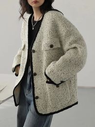 Womens Jackets Harajuku Zoki Y2K tweed jacket retro preppy style loose fitting South Korea Autumn Winter long sleeved Vneck design 231120