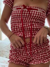 Women's Tracksuits Women Y2k Pyjama Set Frill Smocked Crop Top And Shorts Plaid Loungewear Aesthetic Pjs Sleepwear