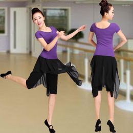 Stage Wear Modern Latin Dance Square Clothing Lycra Cotton Round Neck Chiffon Mesh Skirt Set