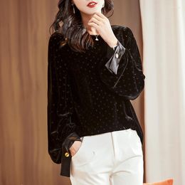 Women's Blouses Autumn Winter Women Silk Velvet Black Shirt Elegant Fashion O-neck Long Sleeve Patchwork Vintage Office Lady Casual Loose