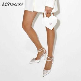 New Sandals Crystal Love High Heels Women Ladies Pointed Toe Slingback Summer Ankle Wrap Buckle Strap Female Pumps Solid Shoes 230406