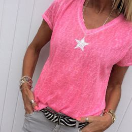 Women's T-Shirt Fashion T Shirt Women Sequins V-Neck Five-pointed Star Tops Tees Female Short Sleeve Street Ladies Size Code 230419