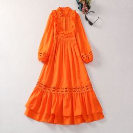 Long dress early autumn new style, European and American style stand collar heavy work hollowed out embroidery process dress orange S-XXL