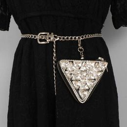 Evening Bags Mini triangle PU Leather Waist Packs For Women Bling Fanny Packs Metal Chain Waist Belt With Coin Lipstick Packs Chain Chest Bag J230419