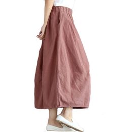 Skirts Summer Solid Colour Cotton Linen Loose Women Casual Elastic Waist Pocket Vintage Lady Long 230420