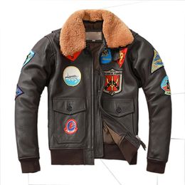 Men's Leather Faux Embroidery Bomber G1 Flight Jacket Cowhide Coat Men Air Force Winter Clothing Aviation Coats Real Fur 2XL3XL 231120