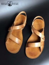 Sandals Mens Cowhide Genuine Leather Vintage Roman Hook Loop Casual Shoes 2023 Summer Designer Beach 230419