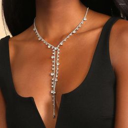 Chains Silver Sparkly Full Rhinestone Chain Choker Long Collar Knot Tassel Necklace Luxury Diamond Statement For Women Girls