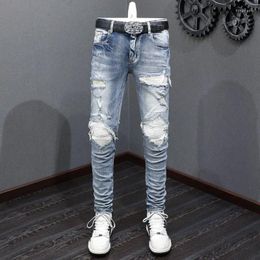 Men's Jeans Street Fashion Men Retro Washed Blue Stretch Skinny Ripped White Leather Patched Designer Hip Hop Brand Pants