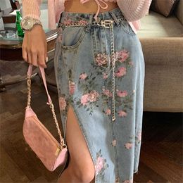 Skirts Summer high waist slim sexy slit straight skirt denim street style retro flower print long denim skirt P230420