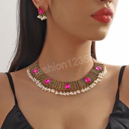 Indian Gold Metal Geometric Choker Necklaces Earrings Sets for Women Bohemian Exquisite Crystal Wedding Party Jewelry Set