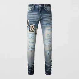 Men's Jeans High Street Fashion Men Retro Washed Blue Stretch Skinny Fit Ripped Brand Patch Designer Hip Hop Pants Hombre