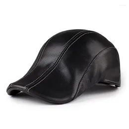 Berets Fashion 2023 Goat Skin Mens Beret Real Leather Flat Cap Brown Warm Autumn Winter Gatsby Driver Ivy Hat Sboy Adjustable