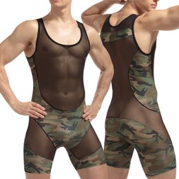 Men's Tracksuits Bodysuit Siamese Underwear Panties Shapers Buttons Wrestling suit Breathable Mesh Mens Camouflage transparent Bodywear 230419