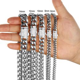 6/8/10/12/14mm Miami Cuban Link Chain Necklace Bracelet Curb Choker Chains Jewellery CNC Cubic Zirconia Box Clasps 316L Stainless Steel For Men Women