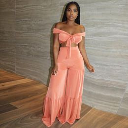 Women's Two Piece Pants Women Sets Off Shoulder Crop Top Wide Leg For Vacation Outfits Velvet Club Matching Sexy Summer