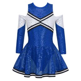 Cheerleading Kids Girls Shiny Sequins Cheerleading Uniform Dance Costume Long Sleeve Off-shoulder Round Neckline Cheerleader Dance Dress 230420