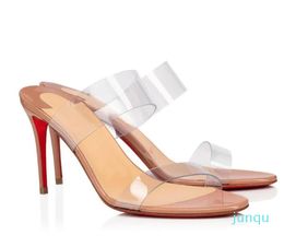 Брендовые туфли с красной подошвой, стильные туфли из кожи и ПВХ с ремешками, сексуальные женские модельные туфли для свадебной вечеринки с коробкой
