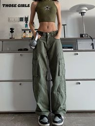 Women's Pants s Green Cargo For Women Straight Overalls Jeans High Waist Streetwear Vintage Casual Ladies Baggy Wide Leg Trouser 230419